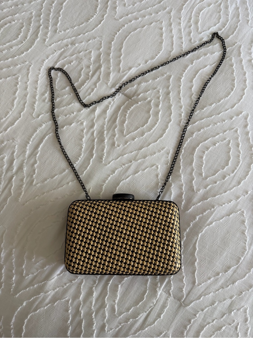 Woven Straw-Style Evening Clutch with Chain Strap - Black & Natural